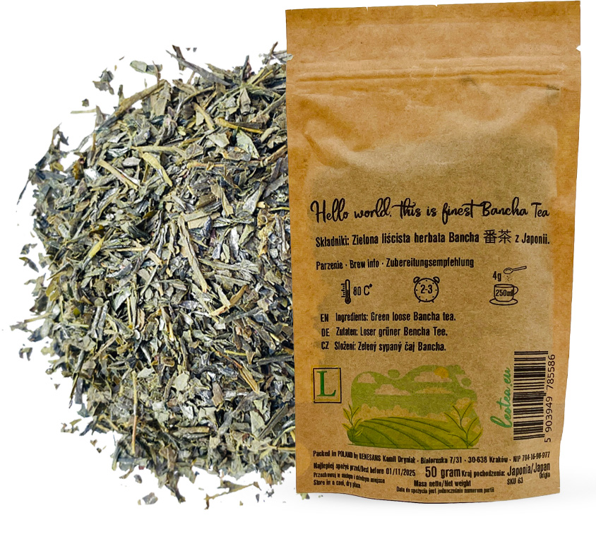 Właściwości oryginalnej japońskiej zielonej herbaty bancha
- **Niska zawartość kofeiny**: Dzięki temu Bancha jest idealną herbatą na popołudnia czy wieczory, gdy chcemy się odprężyć bez obawy o zbyt duże pobudzenie.
- **Bogata w antyoksydanty**: Jak większość zielonych herbat, Bancha zawiera cenne dla zdrowia przeciwutleniacze, które wspomagają organizm w walce z wolnymi rodnikami.
- **Zawartość minerałów**: Bancha dostarcza organizmowi minerałów, takich jak wapń i żelazo, co sprawia, że jest polecana jako element zdrowej diety.
- **Wspomaganie trawienia**: Ze względu na swoje delikatne właściwości, Bancha jest często spożywana po posiłkach, gdyż wspomaga trawienie i działa łagodząco na układ pokarmowy.
### Parzenie:
Aby uzyskać najlepszy smak **Japan Bancha Leo Tea**, zaleca się parzenie w temperaturze 70-80°C przez 2-3 minuty. Herbata Bancha nie powinna być parzona w zbyt gorącej wodzie, aby uniknąć nadmiernej goryczy. Po zaparzeniu, napar można pić zarówno na gorąco, jak i na zimno, co czyni tę herbatę wszechstronną i odpowiednią na każdą porę roku.
**Japan Bancha Leo Tea** to doskonała, codzienna zielona herbata o delikatnym smaku i niskiej zawartości kofeiny. Dzięki swojemu łagodnemu profilowi smakowemu oraz właściwościom zdrowotnym, jest idealnym wyborem dla tych, którzy cenią sobie prostotę i subtelność zielonej herbaty.